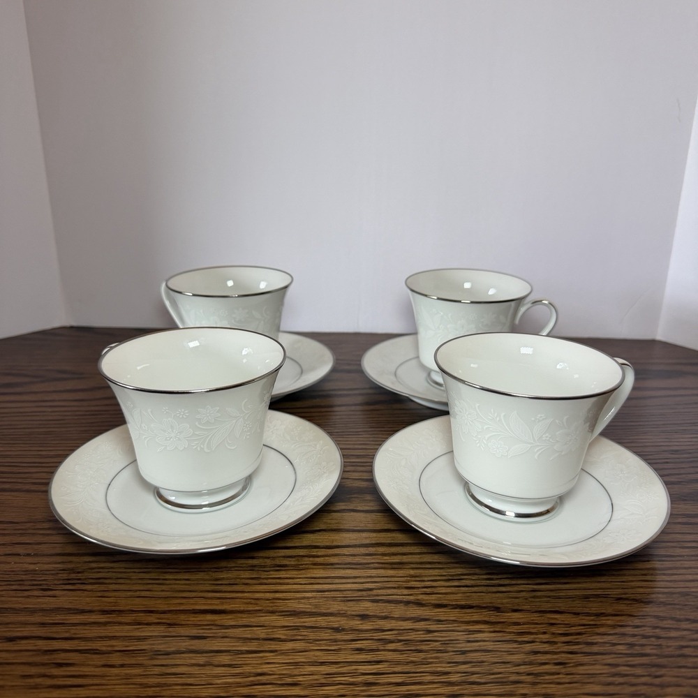 NORITAKE RANIER 6909 Platinum Rim ~ SET OF 4 CUPS & SAUCERS